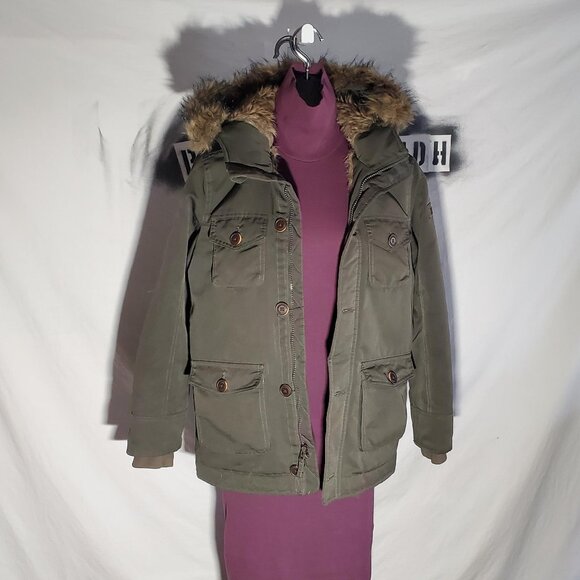 Abercrombie Kids Olive Green Coat with Faux Fur Lining Sz 11/12 -read desc - Picture 1 of 16